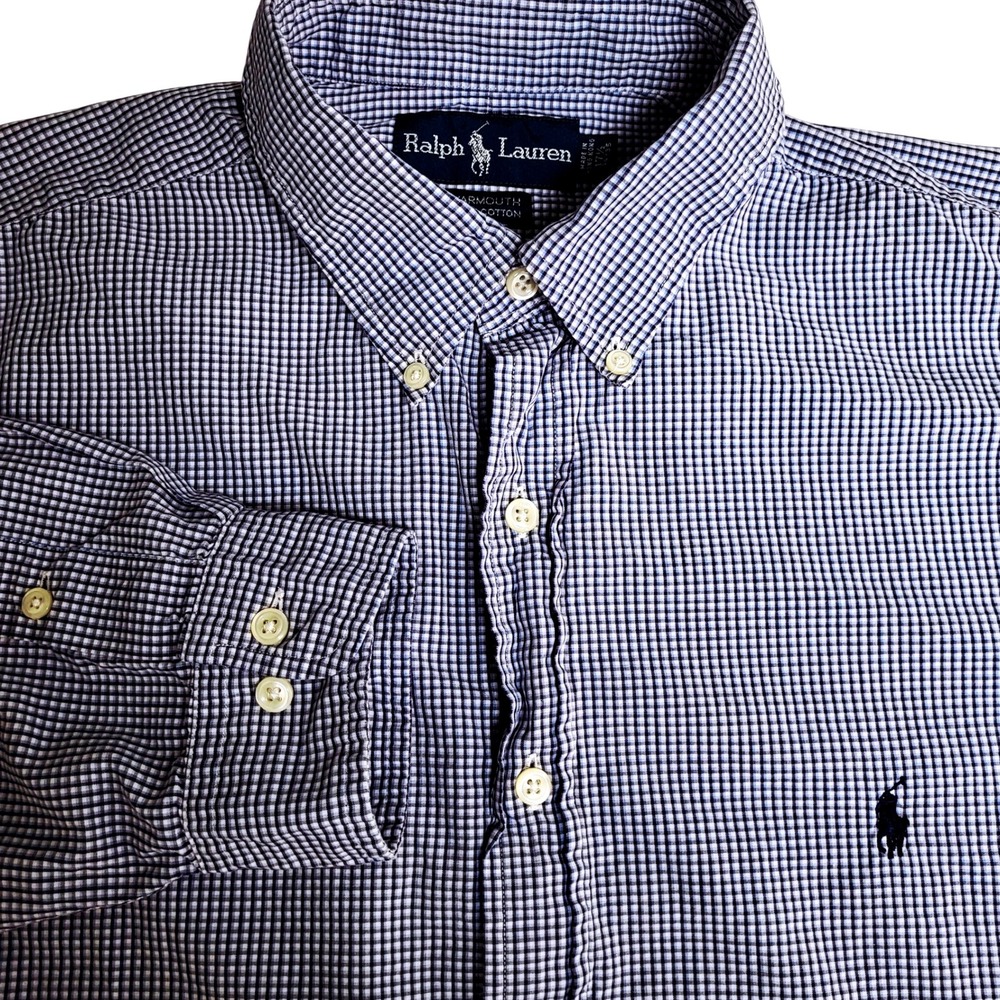 Ralph Lauren 17.5 34/35 XL Button Down Shirt Blue Gingham‎ Check L/S Polo Pony